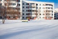 Snow-covered children`s and sports grounds in Russia. Poor cleaning of snow. Inaction of public services