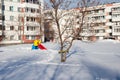 Snow-covered children`s and sports grounds in Russia. Poor cleaning of snow. Inaction of public services