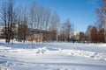 Snow-covered children`s and sports grounds in Russia. Poor cleaning of snow. Inaction of public services.