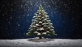 Snow-covered Christmas tree contrasts beautifully with the falling snow against the dark blue backdrop. Generated with AI Royalty Free Stock Photo