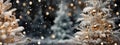 Snow covered Christmas tree with golden baubles and light garland by falling snow outdoor. Magical winter scene