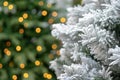 Snow-covered Christmas tree and Christmas lights