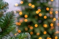 Blurry yellow lights of a festive garland. Branch of spruce. Royalty Free Stock Photo