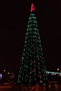 Snow Covered Christmas Tree with Multi Colored Lights at Night Royalty Free Stock Photo