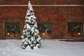 Snow covered Christmas tree. Outdoors with a decorated Christmas tree on a old red brick wall background Royalty Free Stock Photo