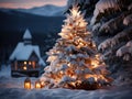 This Snow Covered Christmas Tree stands out brightly against the dark blue tones of this snow covered scene Royalty Free Stock Photo