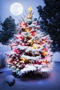 Smow covered outdoor Christmas Tree with Moonrise Royalty Free Stock Photo