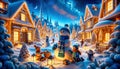 Snow-covered Christmas village with snowmen, children playing, and glowing houses under a starry sky.Generative AI Royalty Free Stock Photo