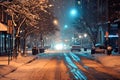 snow-covered city street at night