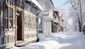 Snow covered city streets in winter, lanterns illuminate generated by AI