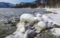 The snow-covered coast of lake Teletskoye with boulders covered with beautiful icicles. Altai Republic Royalty Free Stock Photo