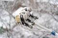 Snow-covered converter of a satellite dish over the white background. Sattelite converter in hoarfrost. Close-up. Royalty Free Stock Photo