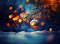 AI generated image - A snow-covered copper bauble hangs from a frosted pine branch, illuminated by wa