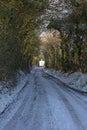 Snow covered country lane under a tunnel canopy of leafless winter trees Royalty Free Stock Photo