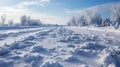 Snow-covered country road through the fields after a blizzard at sunset. Old rustic house in the background. Winter