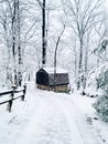 Snow covered country road and small barn in winter, Glen Rock, Pennsylvania