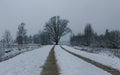 Snow covered country road, tire print