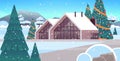 snow covered decorated house in winter season home building with decorations for new year and christmas celebration Royalty Free Stock Photo