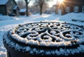 Snow-covered decorative metal table outdoors with sunlight shining in the Royalty Free Stock Photo