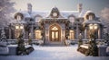 With a snow-covered driveway leading up to the grand entrance and the outside of a luxurious mansion decked out in magnificent Royalty Free Stock Photo