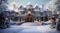 With a snow-covered driveway leading up to the grand entrance and the outside of a luxurious mansion