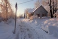 snow-covered driveway with a shovel standing upright Royalty Free Stock Photo