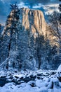 Snow Covered El Capitan and Merced River after Winter Storm, Yosemite National Park, California Royalty Free Stock Photo