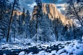 Snow Covered El Capitan and Merced River after Winter Storm, Yosemite National Park, California Royalty Free Stock Photo