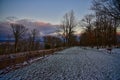 A snow covered evening at rib mountain state park in Wausau Wisconsin at sunset Royalty Free Stock Photo