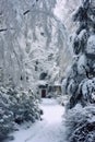 snow-covered evergreens on a peaceful winters day Royalty Free Stock Photo