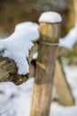 Snow covered fence post in winter Royalty Free Stock Photo