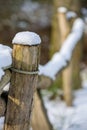 Snow covered fence post in winter Royalty Free Stock Photo