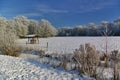 Snow-covered field with forest and fodder rack Royalty Free Stock Photo