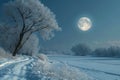 A snow covered field with a solitary tree standing beneath a bright full moon, A peaceful snowy landscape under a sharp, silver Royalty Free Stock Photo