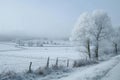 A snow-covered field with a sturdy wooden fence stretching across it, lined with bare trees standing tall against the winter sky, Royalty Free Stock Photo