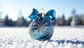 Snow covered fir tree with blue Christmas ornament and glitter decoration generated by AI Royalty Free Stock Photo