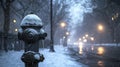 Snow-Covered Fire Hydrant with Icicles on a Snowy Street at Night Royalty Free Stock Photo
