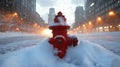 Snow-covered fire hydrant on a wintery city street at dusk Royalty Free Stock Photo