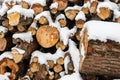 Snow covered firewood. Stack of wood cut. Snow on the timber stack. Wooden log store under snow Royalty Free Stock Photo