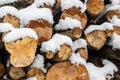 Snow covered firewood. Stack of wood cut. Snow on the timber stack. Wooden log store under snow Royalty Free Stock Photo