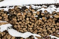 Snow covered firewood. Stack of wood cut. Snow on the timber stack. Wooden log store under snow Royalty Free Stock Photo