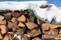 Snow covered firewood. Stack of wood cut. Snow on the timber stack. Wooden log store under snow Royalty Free Stock Photo