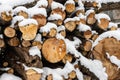 Snow covered firewood. Stack of wood cut. Snow on the timber stack. Wooden log store under snow Royalty Free Stock Photo