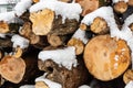 Snow covered firewood. Stack of wood cut. Snow on the timber stack. Wooden log store under snow Royalty Free Stock Photo