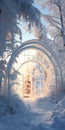 Snow Covered Forest: A Cinematic Rococo Archway In Uhd Royalty Free Stock Photo