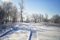 Snow covered forest country road on winter sunny day Royalty Free Stock Photo