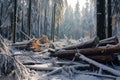 snow-covered forest with fallen trees ready for chopping
