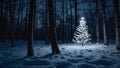 Snow-covered forest illuminated by a lone, glowing Christmas tree. Royalty Free Stock Photo