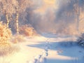 Snow-Covered Forest Path with Footprints at Sunset Royalty Free Stock Photo