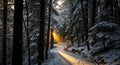Snow-Covered Forest Path at Sunset with Winter Sunlight Royalty Free Stock Photo